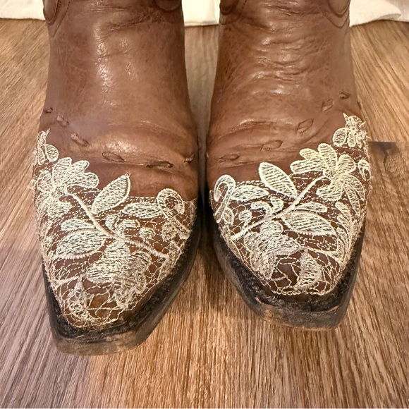 Lane Boots Jeni Lace Size 7.5 Western Cowgirl Mid-Calf Brown Ivory Embroidered - Picture 4 of 10